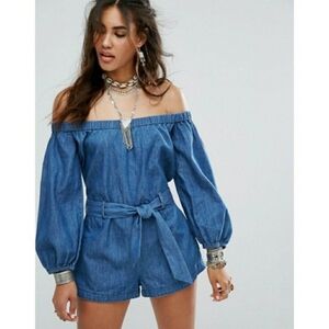 Free People Tangled In Willows Chambray Romper Size S
